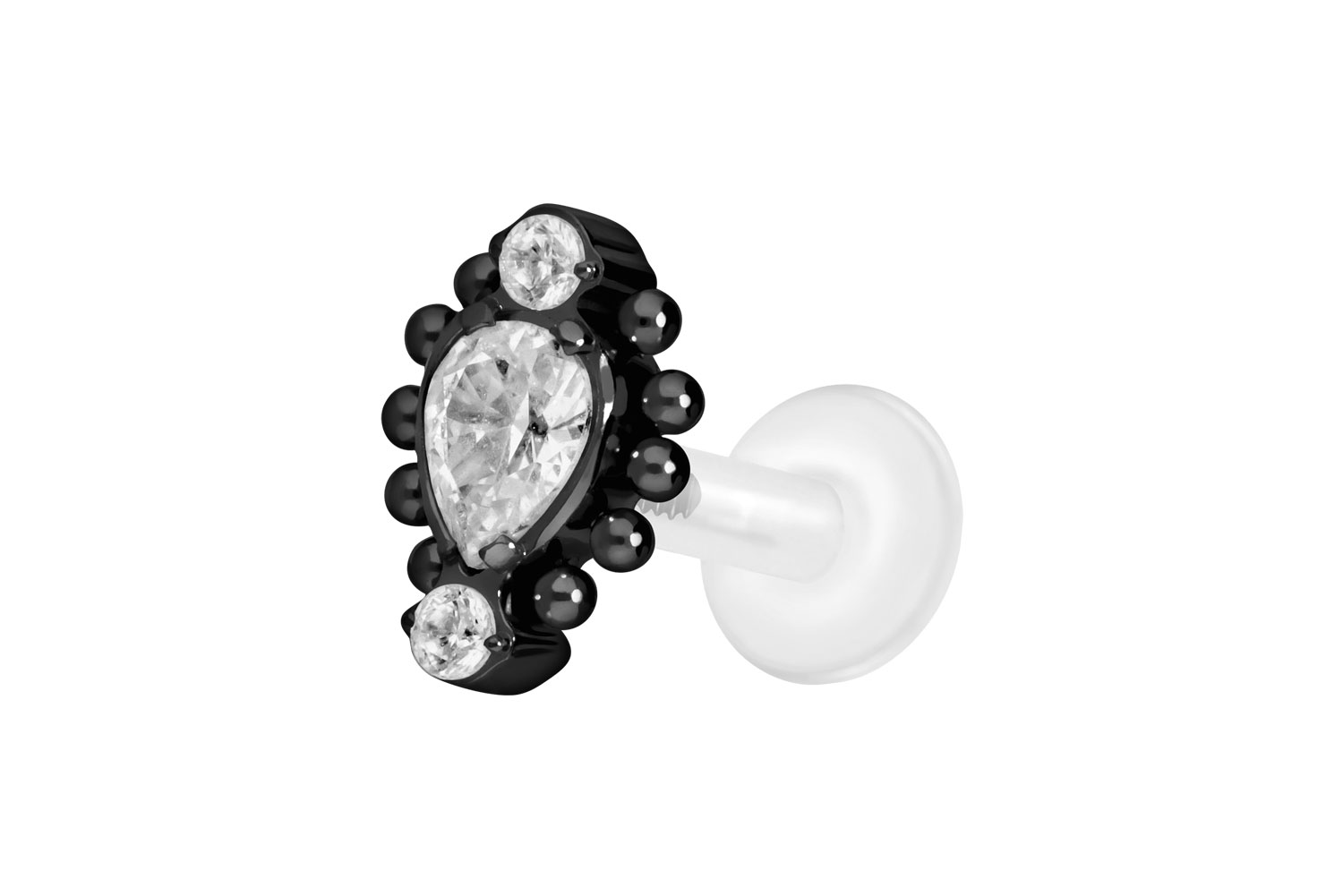 PTFE Labret Piercing mit Innengewinde + Titan-Aufsatz 3 EINGEFASSTE KRISTALLE + KUGELN